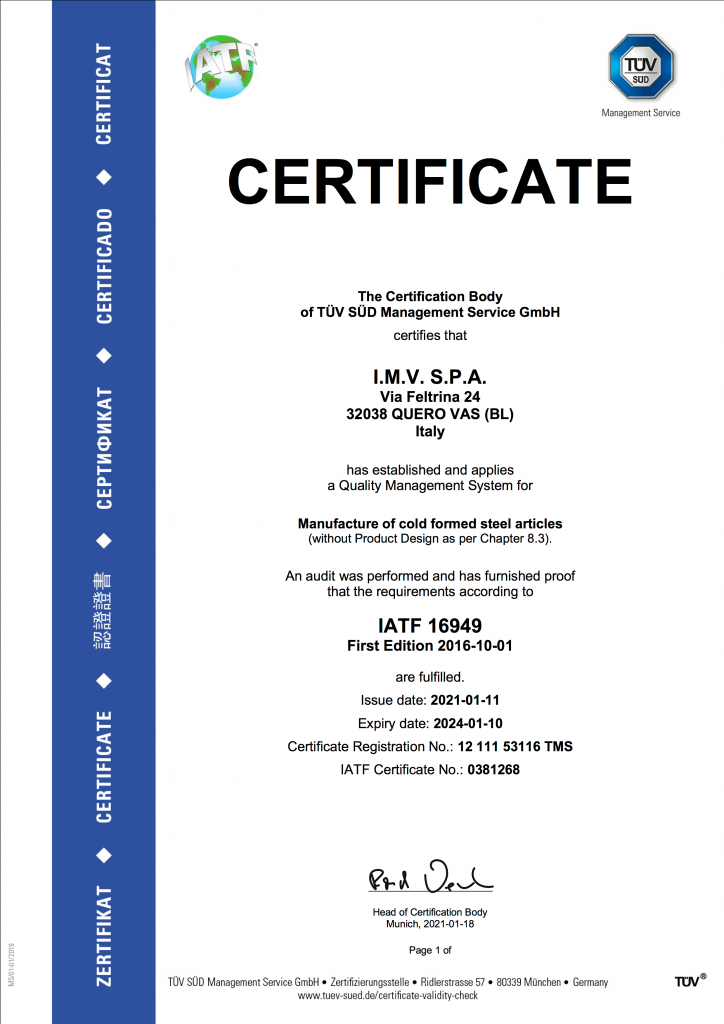 Certificate Certificato IMV Certificato TUV ISO 9001-2015